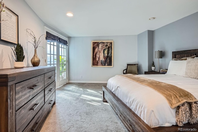 bedroom with carpet flooring, access to outside, baseboards, and recessed lighting