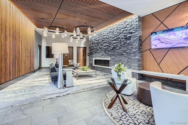 interior space with a stone fireplace