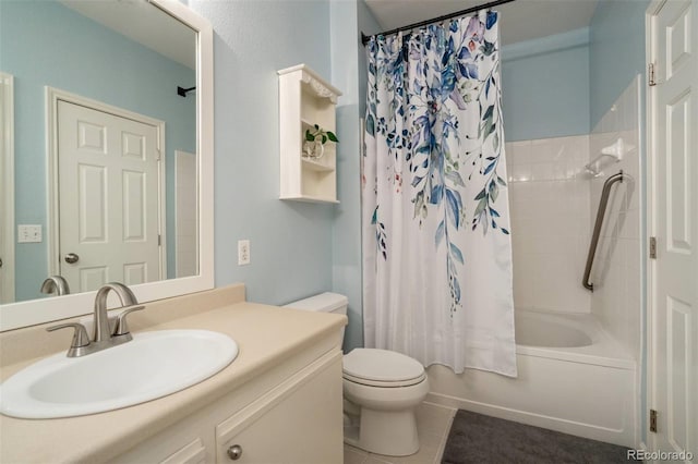 bathroom with shower / bathtub combination with curtain, vanity, toilet, and tile patterned floors