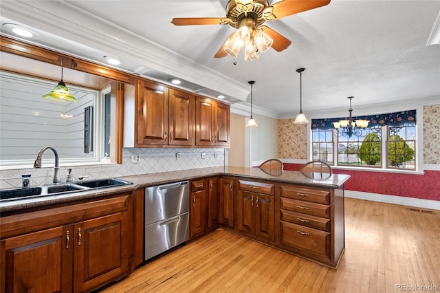6231 Prospect Rd, Longmont, CO 80503 - kitchen with dishwasher, a sink, wallpapered walls, light wood-style flooring, and brown cabinetry