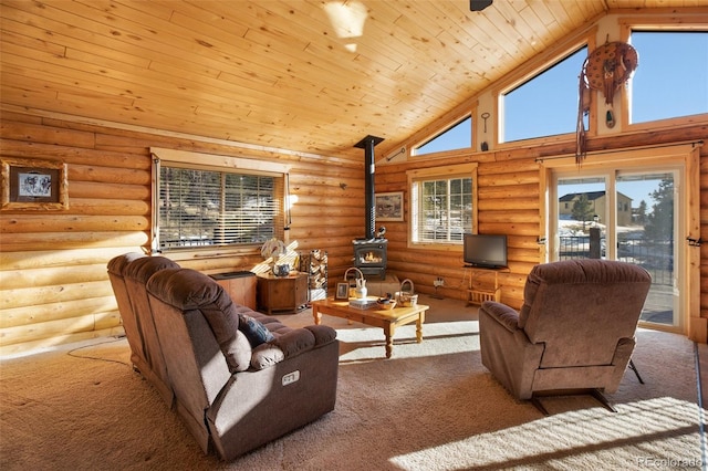 living room featuring carpet, a wood stove, wooden ceiling, high vaulted ceiling, and rustic walls