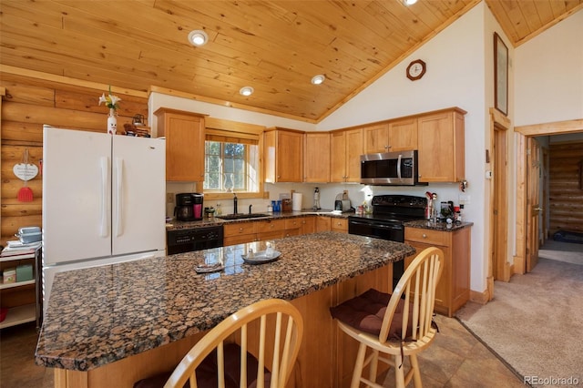 kitchen featuring wood ceiling, light colored carpet, sink, black appliances, and high vaulted ceiling