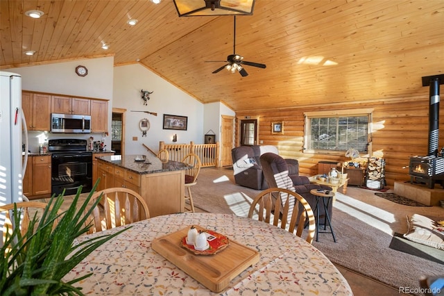 carpeted dining space featuring ceiling fan, log walls, wood ceiling, and high vaulted ceiling