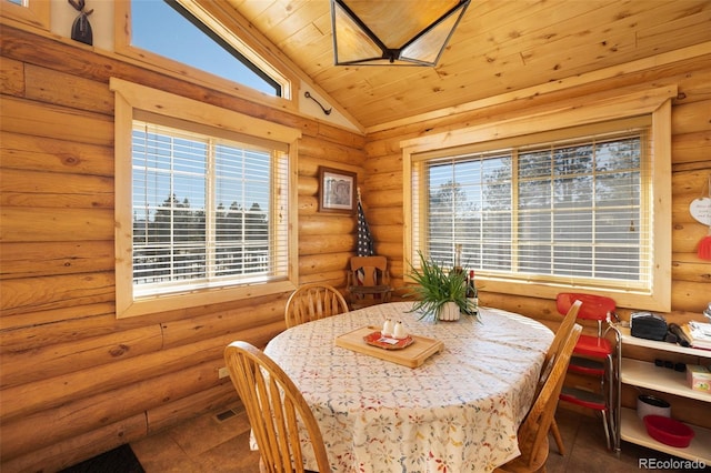 dining space with lofted ceiling, a healthy amount of sunlight, wooden ceiling, and rustic walls