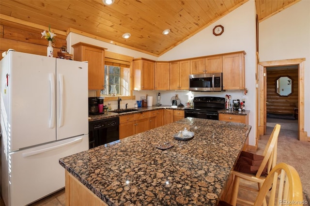 kitchen with wooden ceiling, black appliances, sink, a kitchen island, and light colored carpet