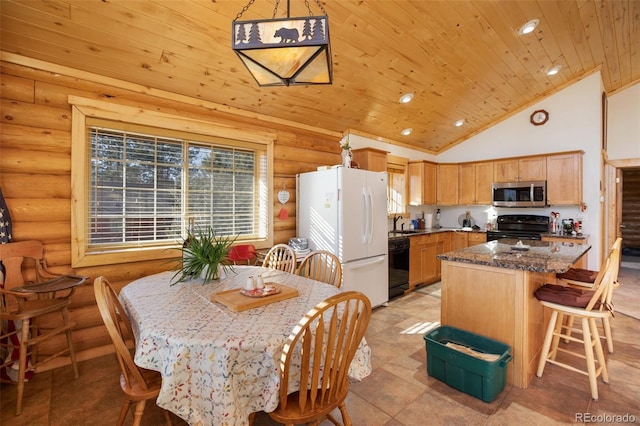 dining space featuring high vaulted ceiling, rustic walls, and wood ceiling