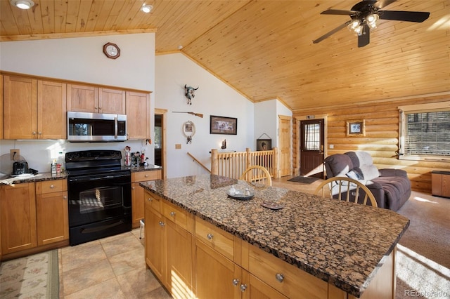 kitchen featuring black range with electric stovetop, a healthy amount of sunlight, log walls, and wood ceiling