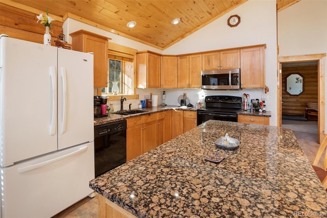 kitchen with dark stone counters, wood ceiling, sink, black appliances, and high vaulted ceiling