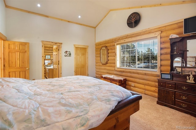 bedroom featuring high vaulted ceiling, light colored carpet, and log walls