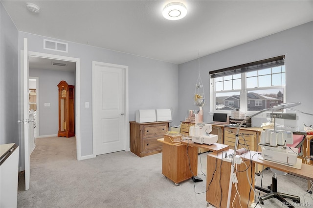 office with light colored carpet, visible vents, and baseboards