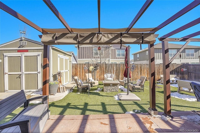 exterior space with a storage shed, a pergola, an outdoor structure, and a fenced backyard