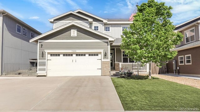 7888 Tejon St, Denver, CO 80221 - craftsman-style house with a porch, driveway, a front yard, a garage, and board and batten siding