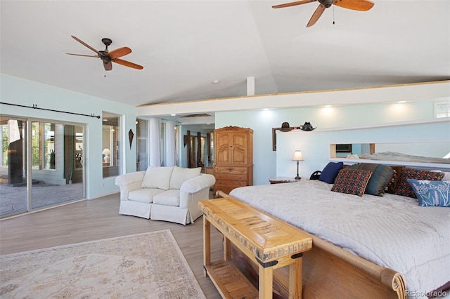 bedroom with access to exterior, ceiling fan, lofted ceiling, and light wood-type flooring