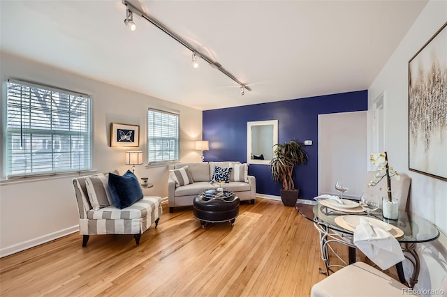 living room featuring rail lighting and light hardwood / wood-style flooring