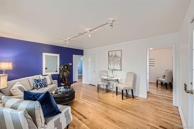 living room with light wood-type flooring and rail lighting