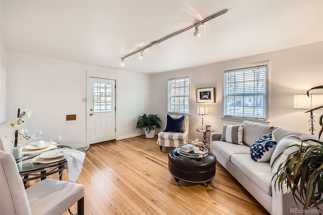 living room with light hardwood / wood-style floors and rail lighting