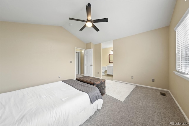 3565 W 112th Cir, Westminster, CO 80031 - bedroom featuring vaulted ceiling, carpet floors, ceiling fan, ensuite bath, and baseboards