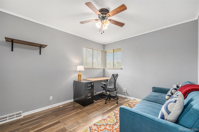 120 Field St, Lakewood, CO 80226 - office featuring a ceiling fan, wood finished floors, baseboards, and crown molding