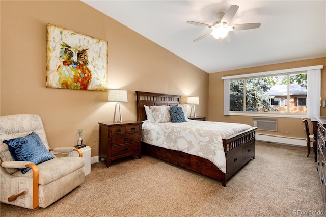 carpeted bedroom with baseboard heating, an AC wall unit, baseboards, and vaulted ceiling