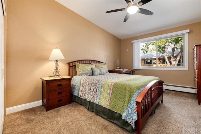 bedroom with ceiling fan, baseboards, light colored carpet, lofted ceiling, and a baseboard radiator