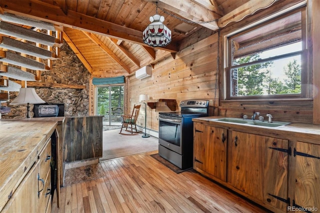600 Rock Lake Rd, Ward, CO 80481 - kitchen featuring a sink, lofted ceiling with beams, electric range, wooden ceiling, and light wood-style floors