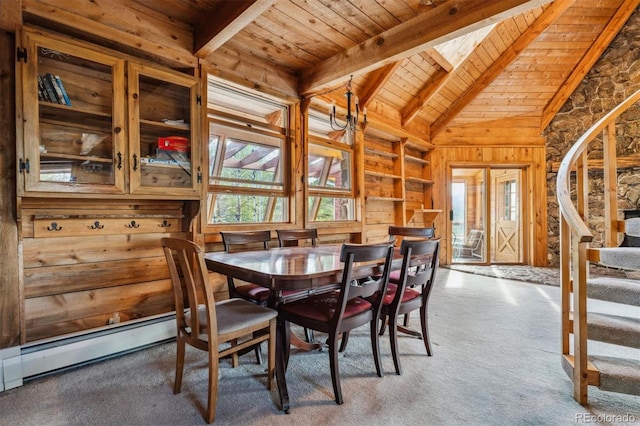 600 Rock Lake Rd, Ward, CO 80481 - carpeted dining area featuring wood ceiling, lofted ceiling with beams, stairway, wood walls, and a baseboard heating unit