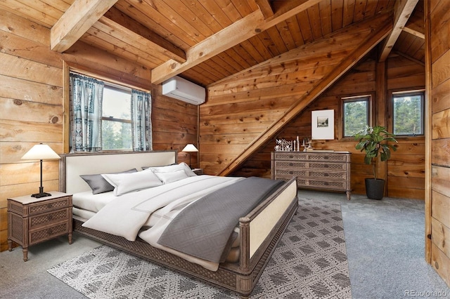 600 Rock Lake Rd, Ward, CO 80481 - bedroom with lofted ceiling with beams, carpet, wooden walls, a wall unit AC, and wood ceiling