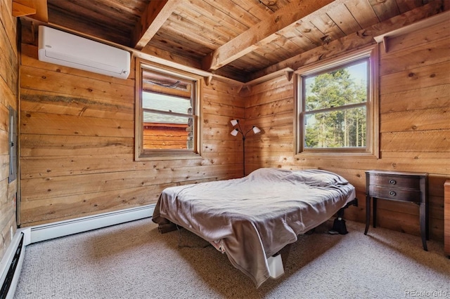 600 Rock Lake Rd, Ward, CO 80481 - carpeted bedroom featuring a wall mounted air conditioner, wood ceiling, wood walls, and baseboard heating