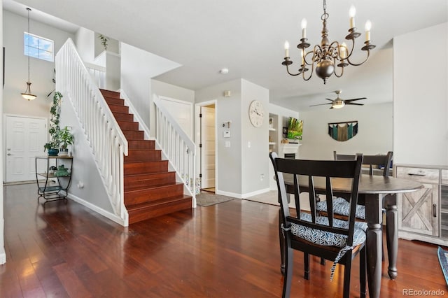 dining room featuring ceiling fan, dark hardwood / wood-style floors, and built in features