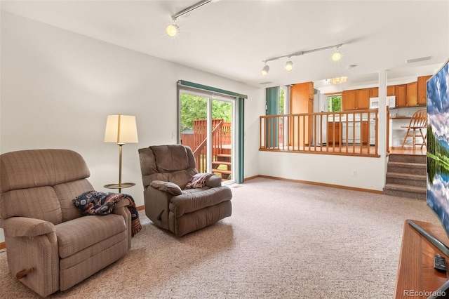 131 Morgan Ct, Loveland, CO 80537 - sitting room with rail lighting, carpet, and stairway