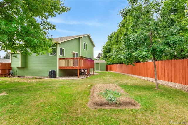 131 Morgan Ct, Loveland, CO 80537 - rear view of house featuring a fenced backyard, a deck, a shed, and stairs