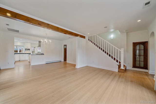 371 Birch St, Denver, CO 80220 - unfurnished living room with stairway, light wood finished floors, visible vents, a baseboard radiator, and a notable chandelier