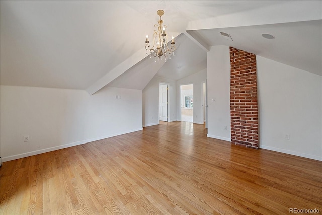 371 Birch St, Denver, CO 80220 - additional living space featuring vaulted ceiling, visible vents, light wood-type flooring, and an inviting chandelier