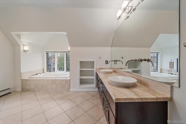371 Birch St, Denver, CO 80220 - full bathroom featuring a bath, tile patterned floors, a sink, double vanity, and lofted ceiling