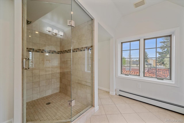 371 Birch St, Denver, CO 80220 - full bathroom with a stall shower, baseboard heating, visible vents, and a healthy amount of sunlight