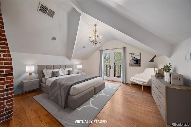 371 Birch St, Denver, CO 80220 - bedroom with wood finished floors, an inviting chandelier, lofted ceiling, access to exterior, and visible vents