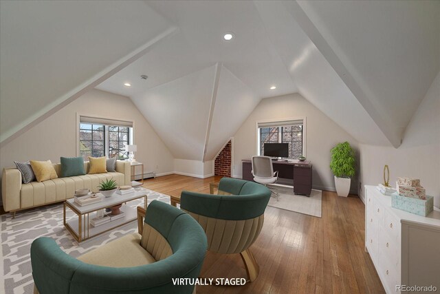 371 Birch St, Denver, CO 80220 - living area with hardwood / wood-style flooring, a baseboard radiator, vaulted ceiling, and recessed lighting