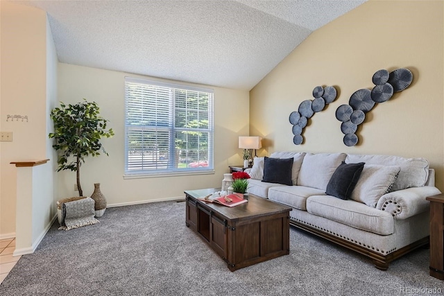 carpeted living room with vaulted ceiling and a textured ceiling