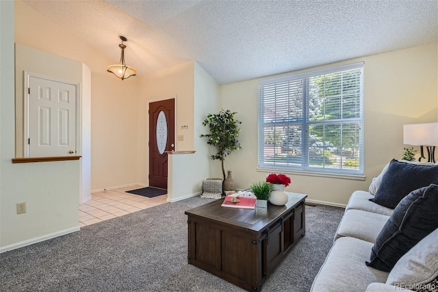 living room with carpet and a textured ceiling