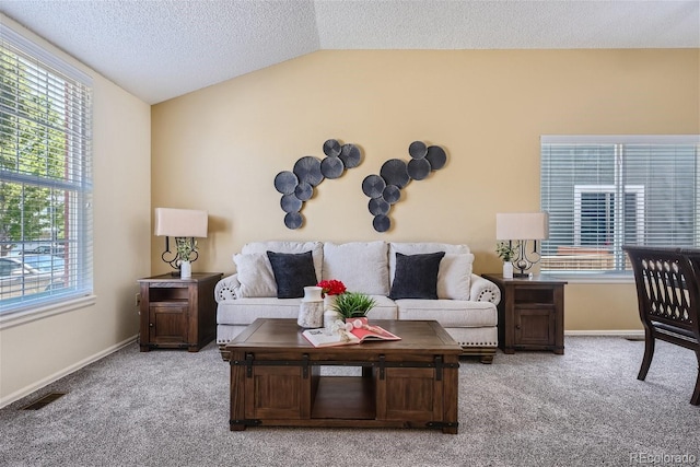 carpeted living room featuring a textured ceiling and lofted ceiling