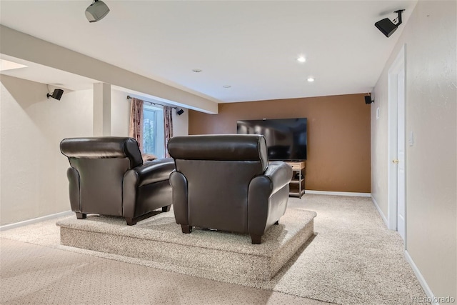 home theater room with light carpet