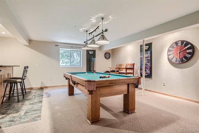 rec room featuring carpet floors and billiards