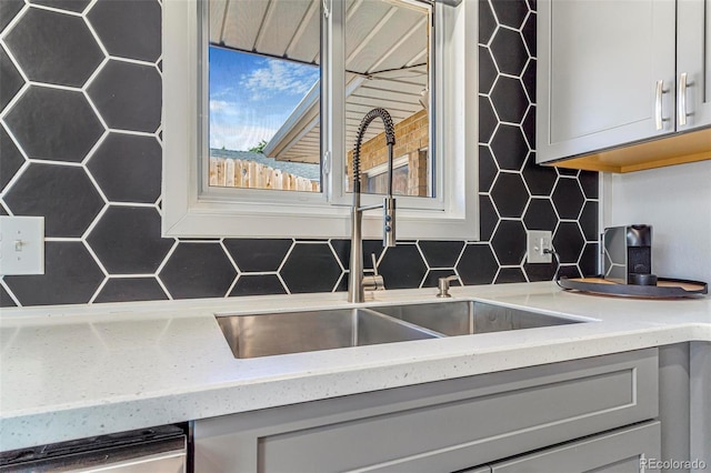 9580 W 51st Ave, Arvada, CO 80002 - kitchen with decorative backsplash, gray cabinetry, and dishwashing machine
