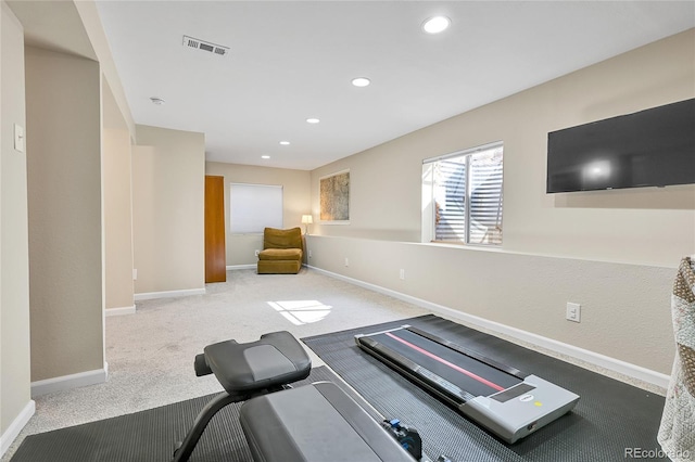 workout area with visible vents, recessed lighting, baseboards, and carpet