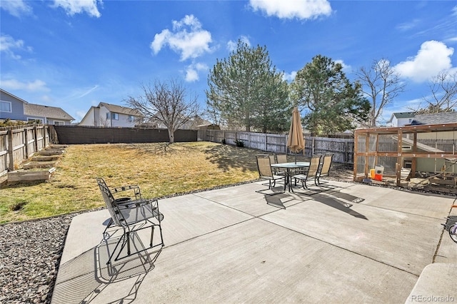 view of patio / terrace featuring an outbuilding and a fenced backyard