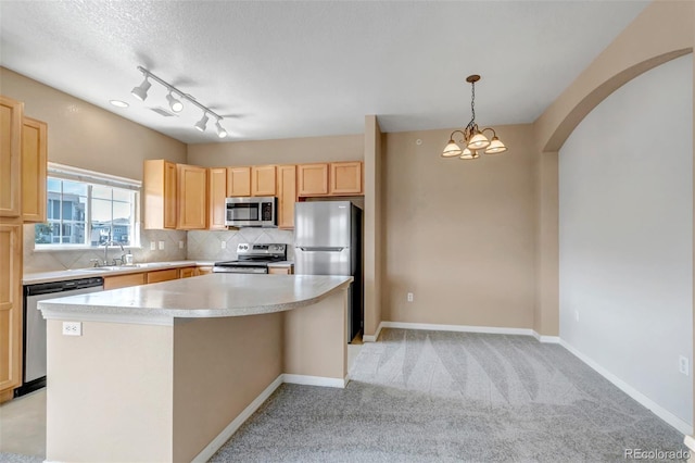 9387 Ashbury Cir Unit 203, Parker, CO 80134 - kitchen with stainless steel appliances, light brown cabinetry, backsplash, light countertops, and light carpet