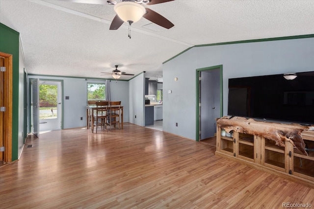 110 Evans Ave, Poncha Springs, CO 81242 - living room featuring ceiling fan, a textured ceiling, wood finished floors, and vaulted ceiling