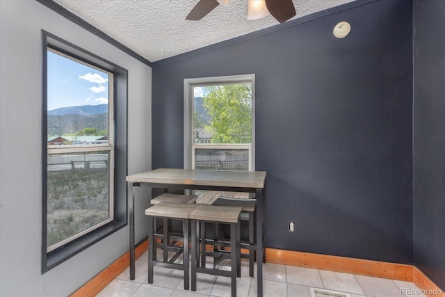 110 Evans Ave, Poncha Springs, CO 81242 - tiled dining room with a textured ceiling, lofted ceiling, crown molding, ceiling fan, and a mountain view