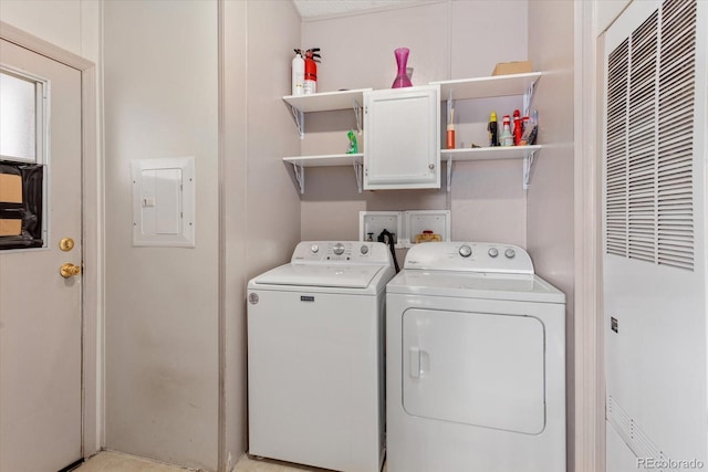 110 Evans Ave, Poncha Springs, CO 81242 - laundry room featuring a heating unit, cabinet space, electric panel, and washer and dryer