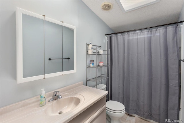 110 Evans Ave, Poncha Springs, CO 81242 - full bath with vanity, lofted ceiling, tile patterned flooring, and a shower with shower curtain